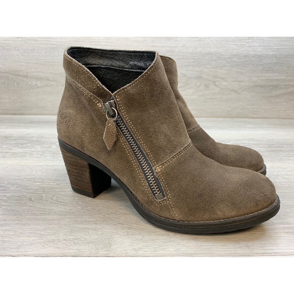 Taos Suede Ankle Boots Brown Side Zip Stacked Block Heel Women's Comfort Shoes